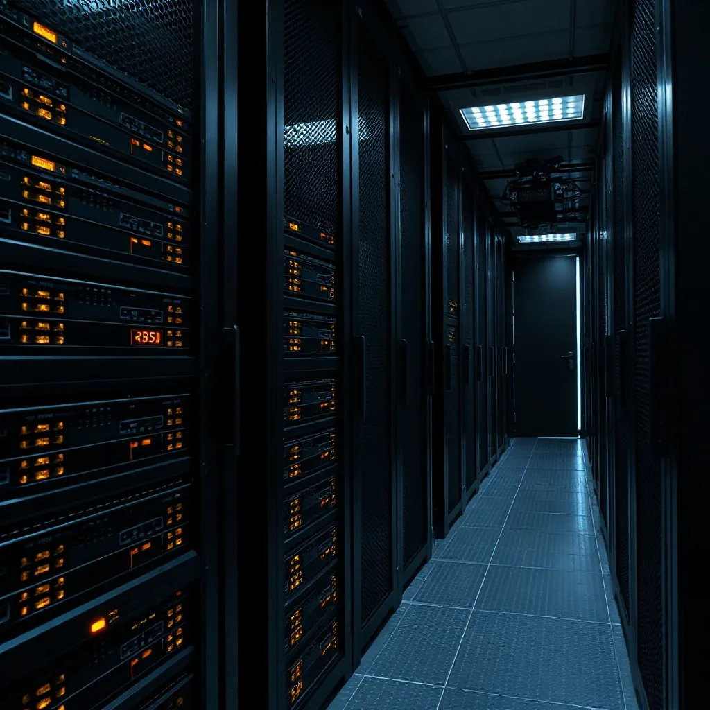A high-tech server room with dark racks and subtle gold glow