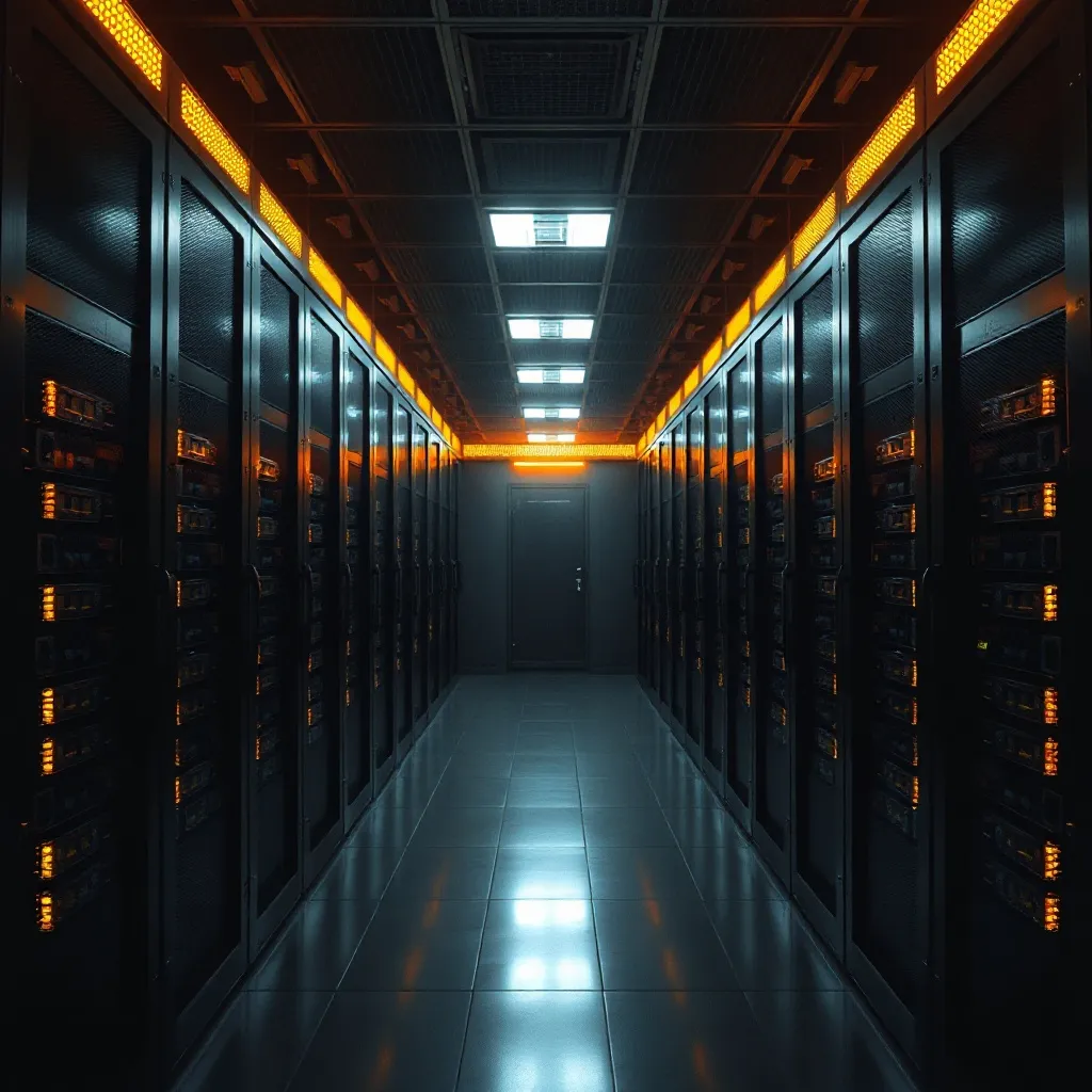 A dark, high-tech server room with glowing gold and amber st